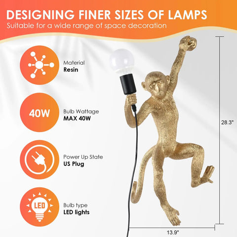 Modern Resin Monkey Wall Lamp With Hemp Rope Accent Vintage Vibe Monkey Pendant Light For Home Decor 28.3 inches tall