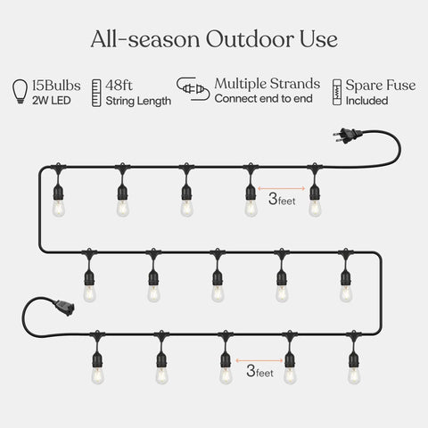 Diagram of Ambience Pro Waterproof LED Outdoor String Lights for Patio 48 Ft With 15 Hanging Dimmable 2W Vintage Edison Bulbs