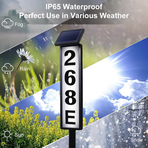 Solar Address Sign Lighted Outdoor House Numbers Plaque Waterproof No Fuss Setup displayed against weather backgrounds