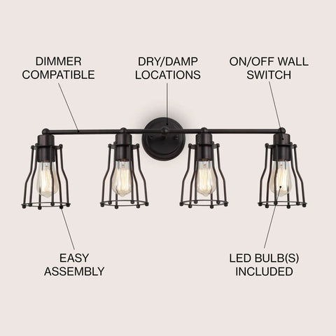 Sleek Oil Rubbed Bronze Modern Industrial Vanity Light with four-light setup, metal cage shade, dimmer compatible, LED bulbs included.