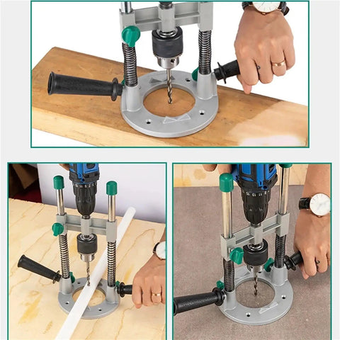 Pro Grade Drill Guide Stand For Woodworking, Adjustable Vertical Drilling Positioner with aluminum base on wooden surface