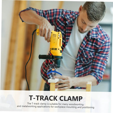 Man using Heavy Duty Track Hold Down Clamp For Woodworking And Carpentry with T-track and drill in a woodshop setting