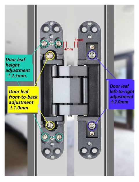 Heavy Duty Adjustable Hidden Cross Hinge Set For Zero Hang Ups 180 Degree Dead Silent Glide adjustments shown with outlined dimensions.