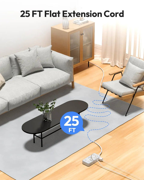 25 Foot Flat Extension Cord Power Strip With Ten Outlets And Four USB Ports Including Two USB C Ports Three Sided 3 Prong And 2 Prong Design Wall Mount Ready Overload Protection Surge Safe White flat cord in living room