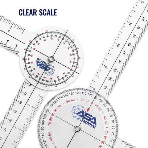Close-up of six piece spinal goniometer set with 360 degree protractor and finger goniometer featuring clear scales.