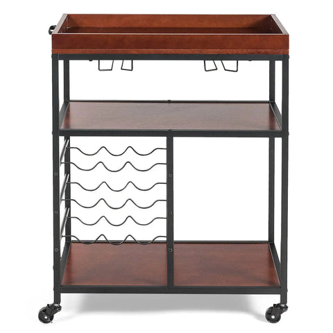 Slick Rolling Kitchen Island Cart With Rustic Brown Wood And Steel Frame, showcasing a top serving tray and nine bottle wine rack.