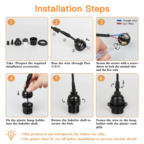 Installation steps for 8 Pack E26 E27 Light Sockets In Black With Medium Screw Base And Shade Ring, Retro Edison Style