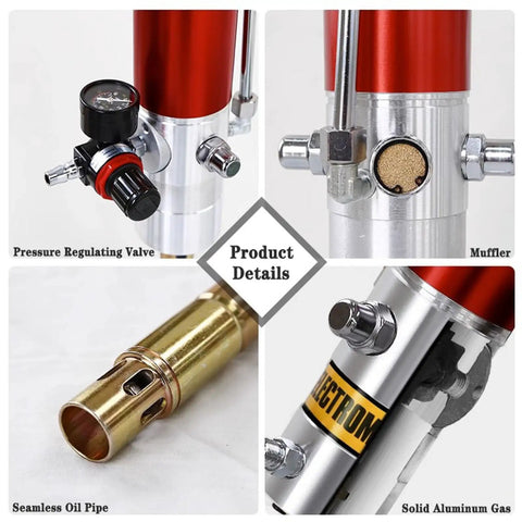 Heavy Duty Pneumatic Grease Pump With 16Ft High Pressure Braided Hose Plus Quick Connect Drum Plate For 55Gallon Barrels details including pressure valve and muffler.