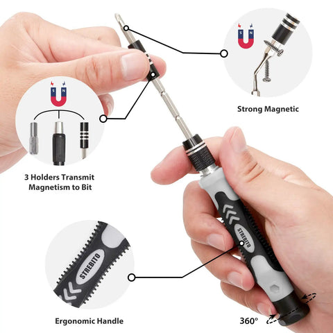 Hands using 142 Piece Precision Screwdriver Set Magnetic Tool Kit For PC Laptop MacBook And Console Controllers with ergonomic handle.