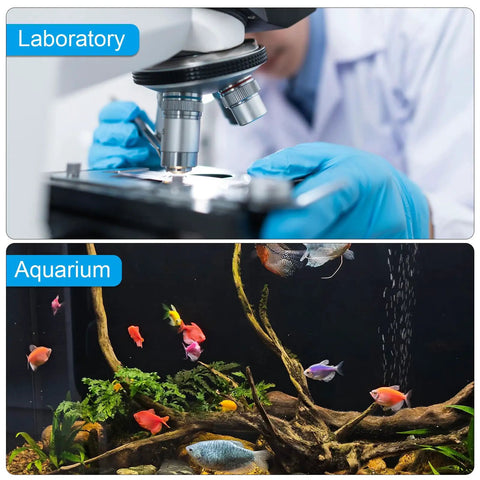 Split image of a laboratory worker using a microscope and a colorful aquarium with tropical fish, representing lab and aquatic environments.
