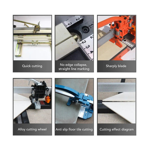 Kick Your Tile Projects Into High Gear With Heavy Duty Tungsten Carbide Scoring Wheel Plus Balanced Bearing For Clean Snap Breaks On Two To Twenty Millimeter Surfaces Solid Workhorse Duo tile cutting equipment collage, showcasing features and precision cuts.