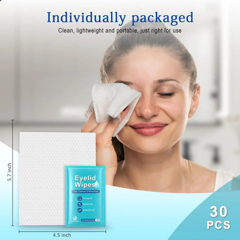 Tea tree oil eyelid cleansing wipes, 30-pack, individually wrapped for dry eye care