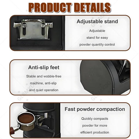 No Sweat Electric Coffee Tamper 58mm Smooth Auto 1 To 3 Cycles With Adjustable 5 To 30 Kg Pressure Built Tough features adjustable stand and anti-slip feet.