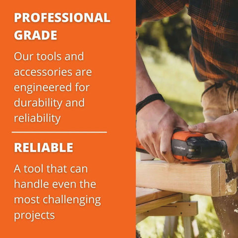 Pro Grade Nibbler For Curves And Cutouts 10 Gauge Steel Cutting Tool with 1700W Power; man cutting wood with orange tool outdoors