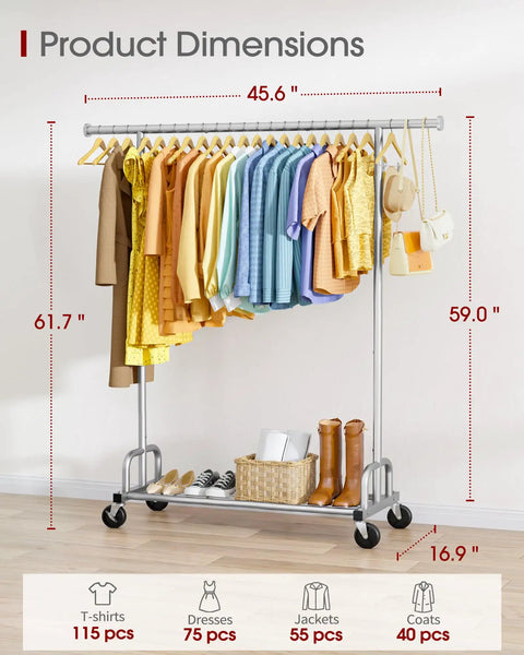 Heavy Duty Metal Clothes Rack With Sure Grip Lockable Wheels, Extendable Rod To Max Out Your Storage, Holds Every Fit You Own, Sleek Silver Design Keeps Small Bedrooms Or Entryways Clutter Free dimensions displayed with clothes and shoes arranged.