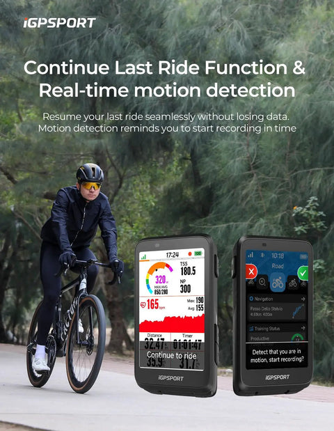 Cyclist using BiNavi Bike Computer With Touch Screen Map Navigation And Wireless GPS, Music Control on a forest path