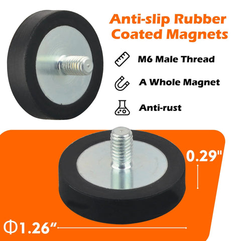 MUTUACTOR rubber-coated neodymium magnets, 4-pack with M6 male-threaded posts; black disk with anti-slip coating
