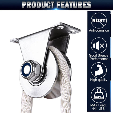 Beefy Stainless Steel Pulley Wheel For Rope And Cable Systems, Wall Mounted U Type Block 2 Pack, Super Silent Bearings shown