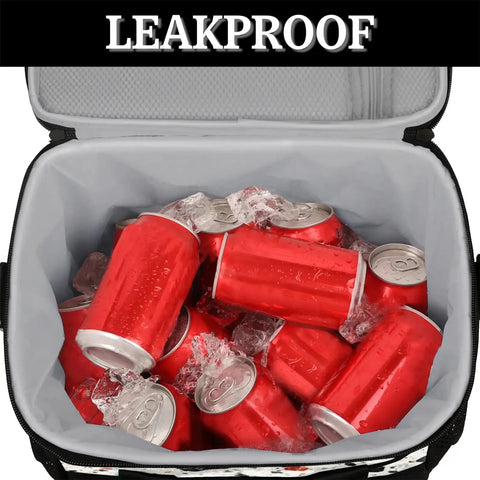 Open Insulated Go-To Picnic Backpack Lunch Box In Stone Marble, Large 12x8.7x10 Inch Tote, filled with red cans and ice