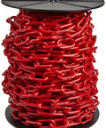Red Plastic Barrier Chain Reel For Crowd Control To Keep Folks In Line, 200 Feet Of 1.5 Inch Links on a black spool
