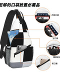 Unisex Black And White Piano Key Grid Print Fanny Pack Adjustable Crossbody Chest Bag showing pockets and adjustable strap.