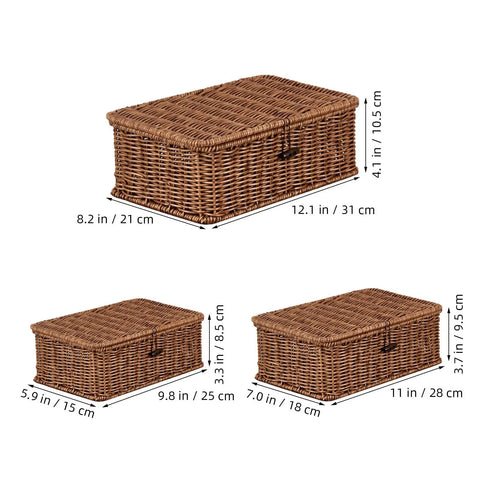 Three Piece Rectangular Woven Storage Bins With Lids Feature Slick Plastic Rattan Construction displayed in various sizes.