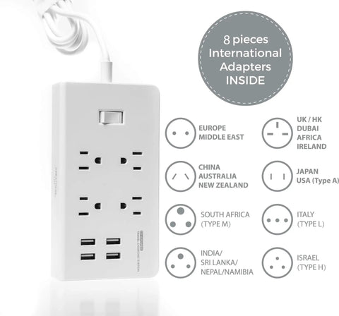 Eight International Adapters Travel Charging Station With Surge Protector And Four Smart USB Ports, showing adapter types.