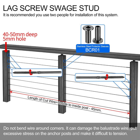 Installation diagram of 60 Pack Black T316 Stainless Steel Left And Right Handed Swage Lag Screws for wood posts in use.