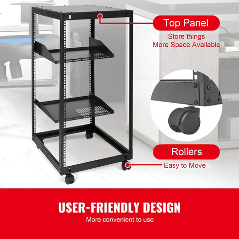 Heavy Duty 20U Server Cabinet With Smooth Rolling Casters And Adjustable Depth Rock Solid Network Equipment Rack For Wall Or Floor AV Gear Setups Built Like A Tank Carbon Steel, showcasing top panel and rollers.