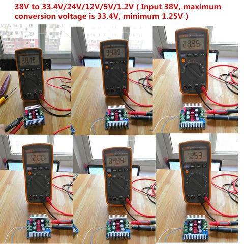 Beast Buck Converter Module 6-40V To 1.2-36V, 20A 300W Adjustable Step Down Regulator shown with voltage readings displayed.