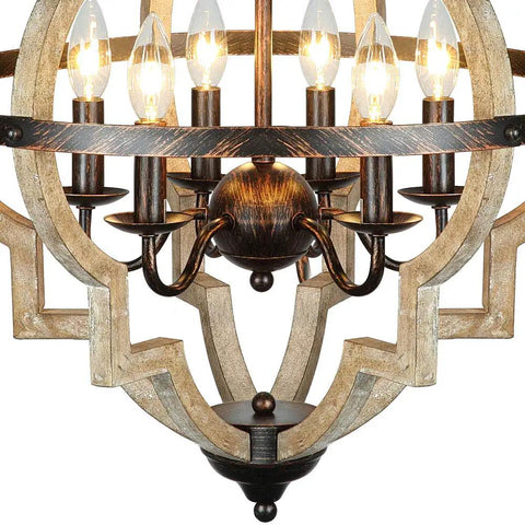 Close-up of 21-Inch Farmhouse Chandelier with 6-Light Rustic Wood Fixture in warm brown finish for dining room, kitchen, foyer, bedroom