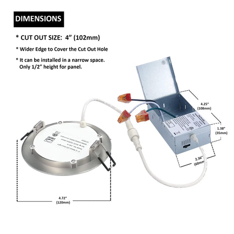 Premium LED Canless Recessed Light 4 Inch 5 CCT Dimmable Fixture With Junction Box dimensions and installation details