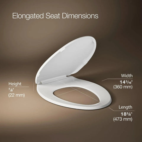 Revamp Your Bathroom With This Top Tier Quiet Close Elongated Toilet Seat In Crisp White featuring dimensions and measurements.