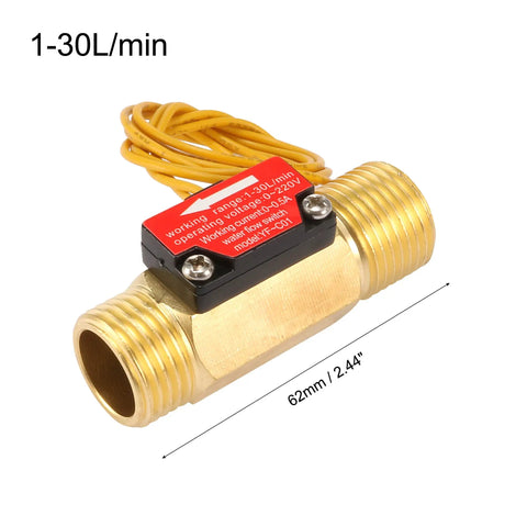 Water Flow Sensor Switch Hall Effect Inline Meter 1 To 30 LPM For Water Heaters Boilers Coffee Machines Dispensers Brass Body