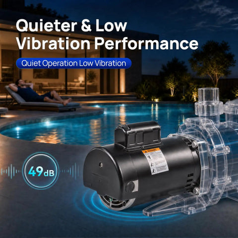 Heavy Duty 2 Hp 230V Pool Pump Motor With 56Y Frame And Square Flange For Smooth Single Run At 3450 Rpm near a swimming pool at night.