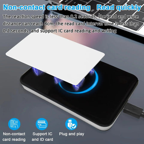 Beefy Metal Case RFID Reader Dual Frequency 125KHz 13.56MHz Long Range Card Scanner shown with card above reader