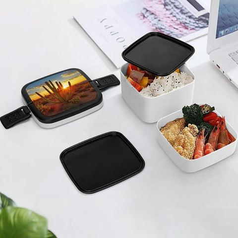 Sunset Cactus Desert Themed Two Compartment Lunch Box with Lids open showing food contents on white surface