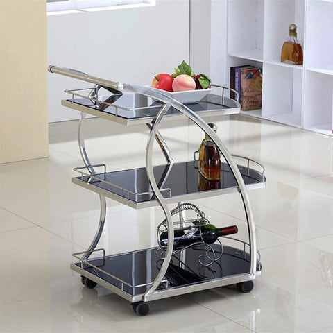 Rustic Industrial Kitchen Wine Storage Cart With Heavy Duty Steel Frame Super Smooth Swivel Casters And Wide Glass Shelves with fruits.