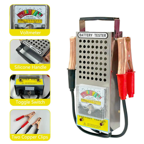 Heavy Duty Car Battery Load Tester 12V 100A And 6V 50A With Voltmeter For Cars Trucks SUVs Boats RVs Motorcycles ATVs And More Alligator Clips Fast Battery Health Diagnostic Tool Plug And Play, metal case with copper clips