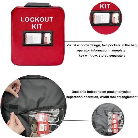 Red lockout kit pouch with visual window, containing Two padlocks and keys inside, part of Three In One Lockout Tagout Kit For OSHA Safety Compliance With Clamp On Circuit Breaker Locks Hasps Tags Cable Ties Pouch And Universal Multi Pole Breaker Lockouts Complete LOTO Set Three Kits In One.