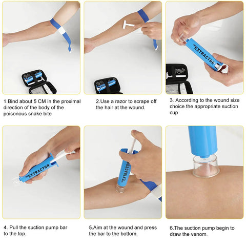Go To Outdoor Bite And Sting Suction Kit showing steps for venom extraction with pump and suction cups