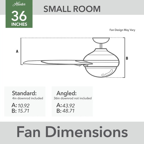 Diagram showing dimensions of 36 Inch Indoor Ceiling Fan With LED Light And Pull Chain in small room setup
