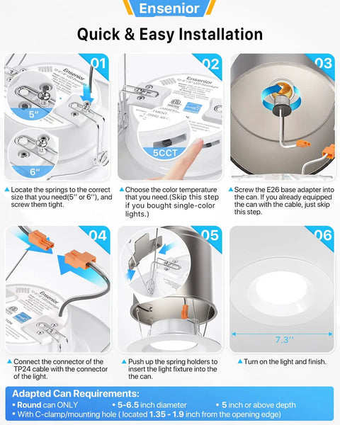 Quick and easy installation guide for Six Pack 5 To 6 Inch LED Recessed Can Lights Retrofit Kit With 5000K Daylight, Dimmable Downlight.