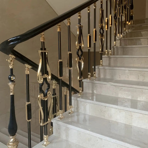 Badass Aluminum Balusters And Stair Spindles With Floor Face Mount Brackets And Slick Black Gold Flower Motif Railing Kit For Indoor Outdoor Decks And Bulletproof Durability House Upgrade 10 Pack, stylish staircase detail.