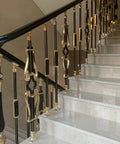 Rock Solid Modern Square Metal Balusters For Glass Railing With No Stress Floor Mount Brackets Heavy Duty Aluminum Spindles Complete Deck Stairway Guardrail Kit Top Shelf Modern Design on stairway with black and gold details.