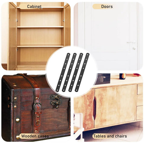4 Pcs Stainless Steel Straight Brace Plates Black Flat Metal Brackets shown with furniture applications