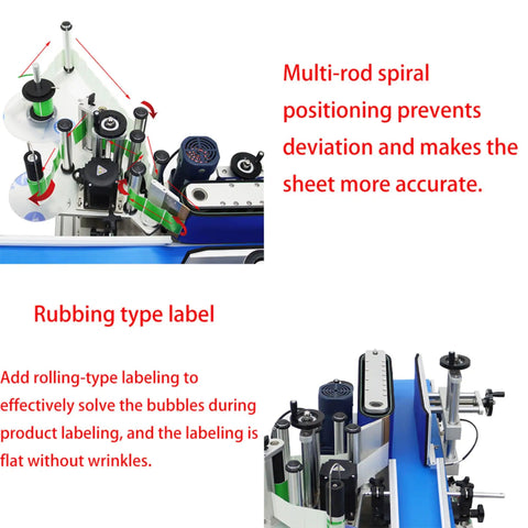 Close-up of Quick Turnaround Automatic Round Bottle Labeler Processes Twenty To Two Hundred Units Per Minute showing multi-rod spiral positioning.