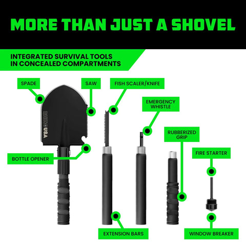 Survival Shovel With Pick For Off Road Camping And Beach Use, Heavy Duty Carbon Steel Entrenching Tool, displayed parts
