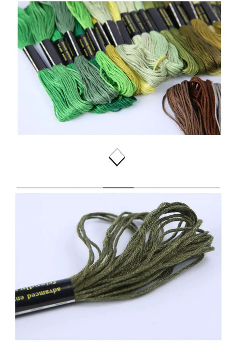 Totally Sick Rainbow Embroidery Floss Assortment featuring fifty smooth cotton threads in green shades for crafting.