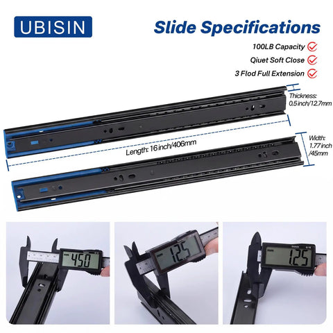 Heavy Duty Soft Close Drawer Slides With Hella Smooth Hydraulic Dampers And Tough One Hundred Pound Load Rating Steel Cabinet Glides with measurements.